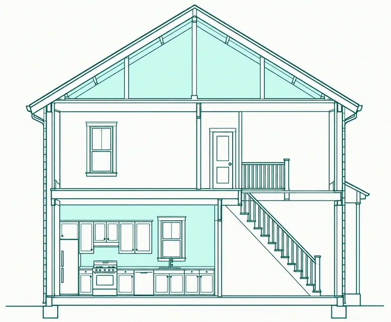 Drawing of a house in section, showing the roof framing and the kitchen